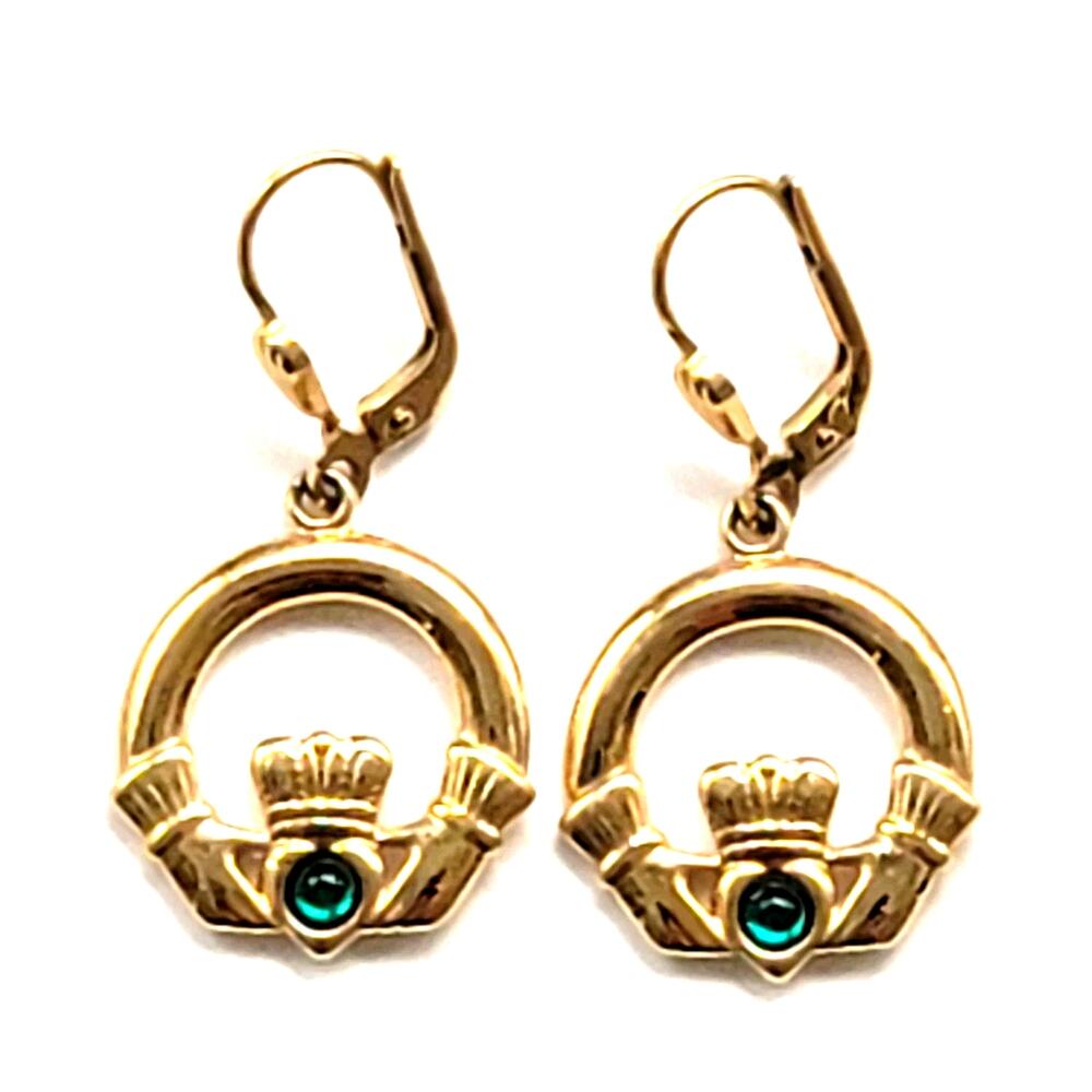 Solvar Ireland Gold Plated Claddagh Drop Earrings Green Stone Celtic Jewelry